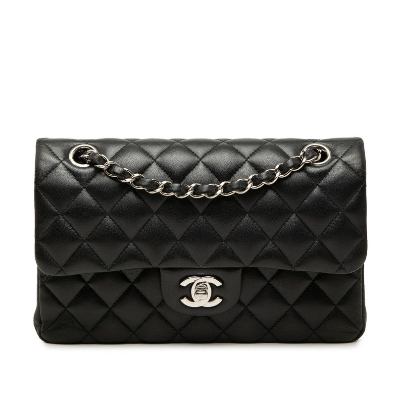 Chanel CC Logo Quilted Double Flap Chain Shoulder Bag Black Silver Lambskin