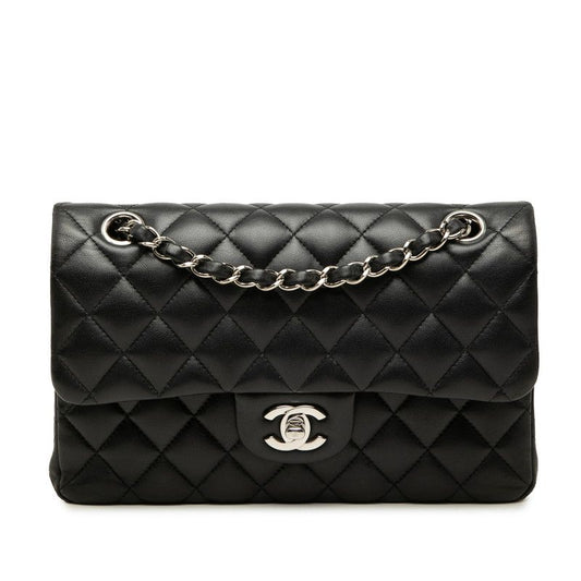 Chanel CC Logo Quilted Double Flap Chain Shoulder Bag Black Silver Lambskin