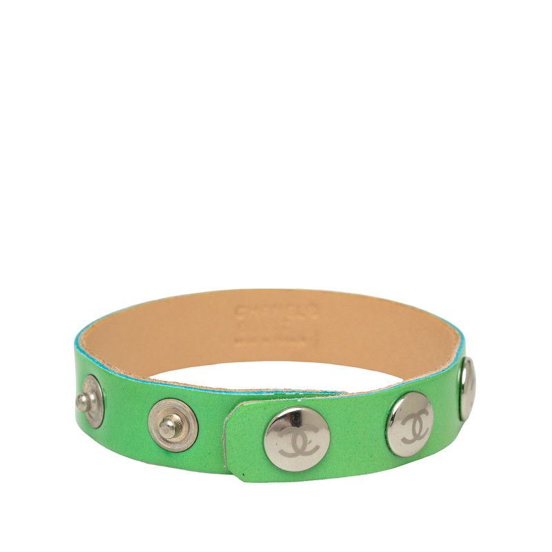 Chanel CC Logo Bracelet Green Silver Patent Leather