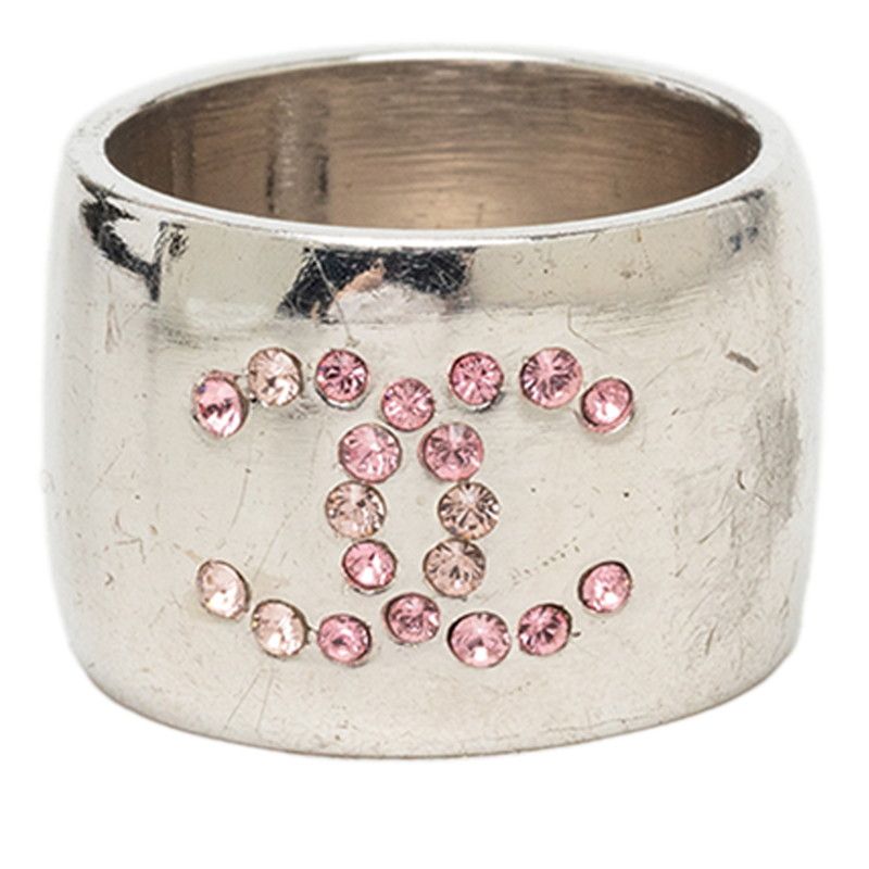 Chanel CC Logo Heart Ring Silver Metal Rhinestone