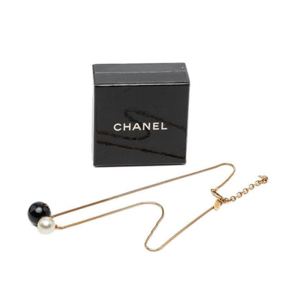 Chanel CC Logo Ball Chain Necklace Gold Black Plated Faux Pearl Plastic — view 6