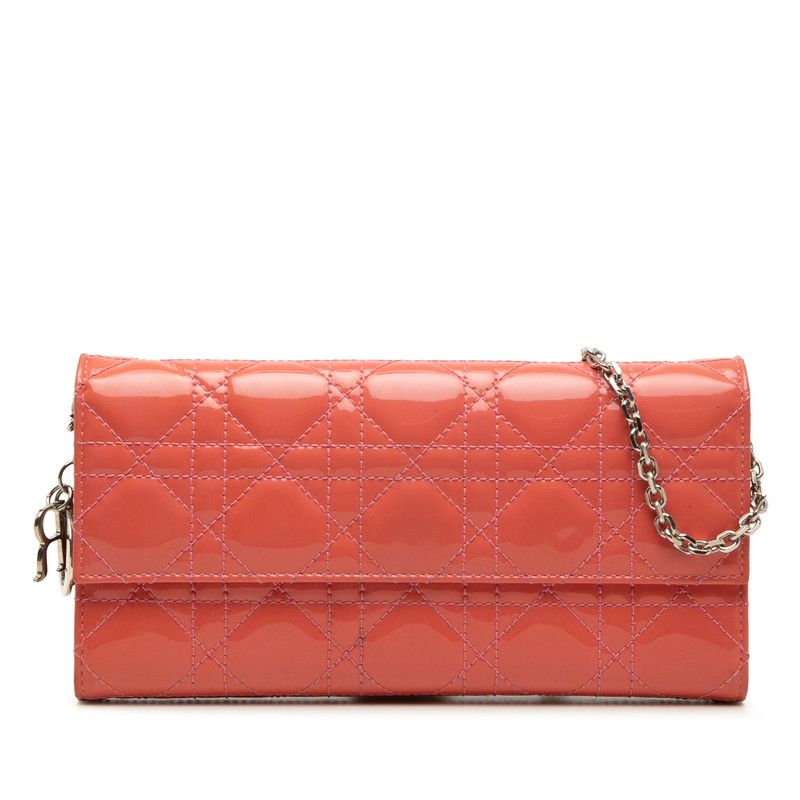 Dior Cannage Lady Dior Wallet Chain Shoulder Bag Pink Patent Leather