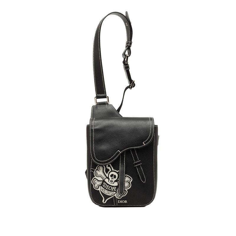 Dior Shawn Stussy Saddle Crossbody Shoulder Bag Black Leather