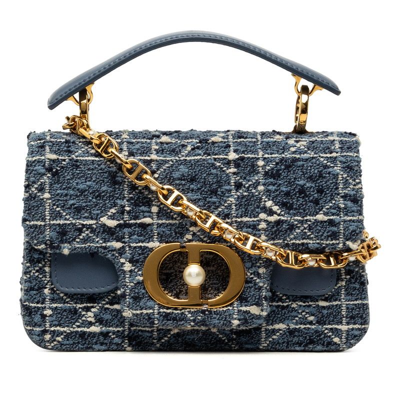 Dior Cannage Jolie Mini Top Handle Shoulder Bag 2-Way Blue Tweed Leather