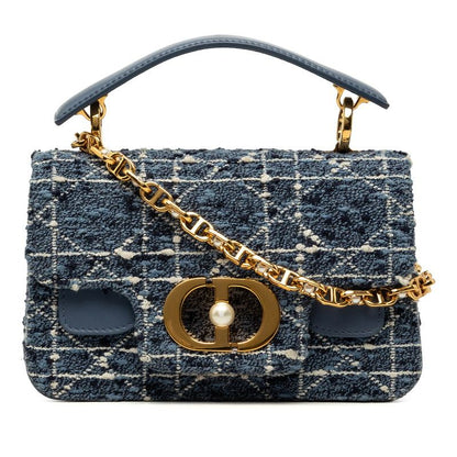 Dior Cannage Jolie Mini Top Handle Shoulder Bag 2-Way Blue Tweed Leather