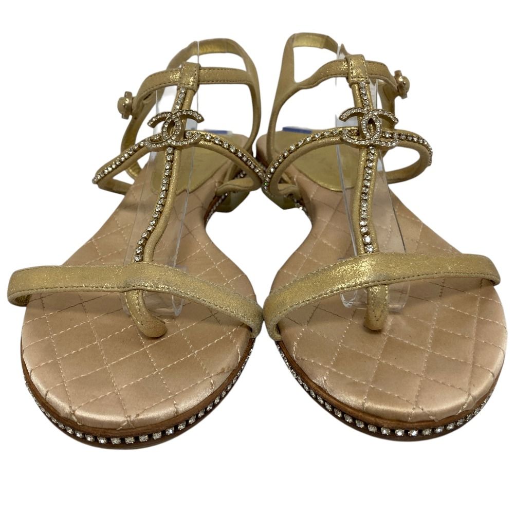 Chanel CC Logo Rhinestone Ankle Strap Flat Sandals 37C Gold — view 2