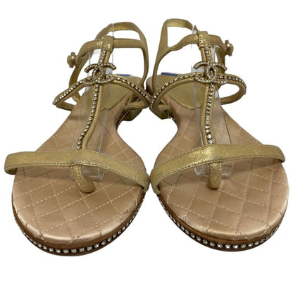 Chanel CC Logo Rhinestone Ankle Strap Flat Sandals 37C Gold — view 2