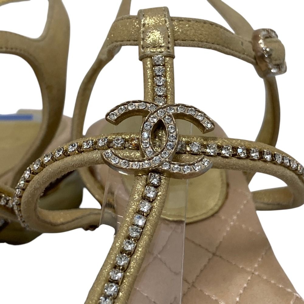 Chanel CC Logo Rhinestone Ankle Strap Flat Sandals 37C Gold — view 8
