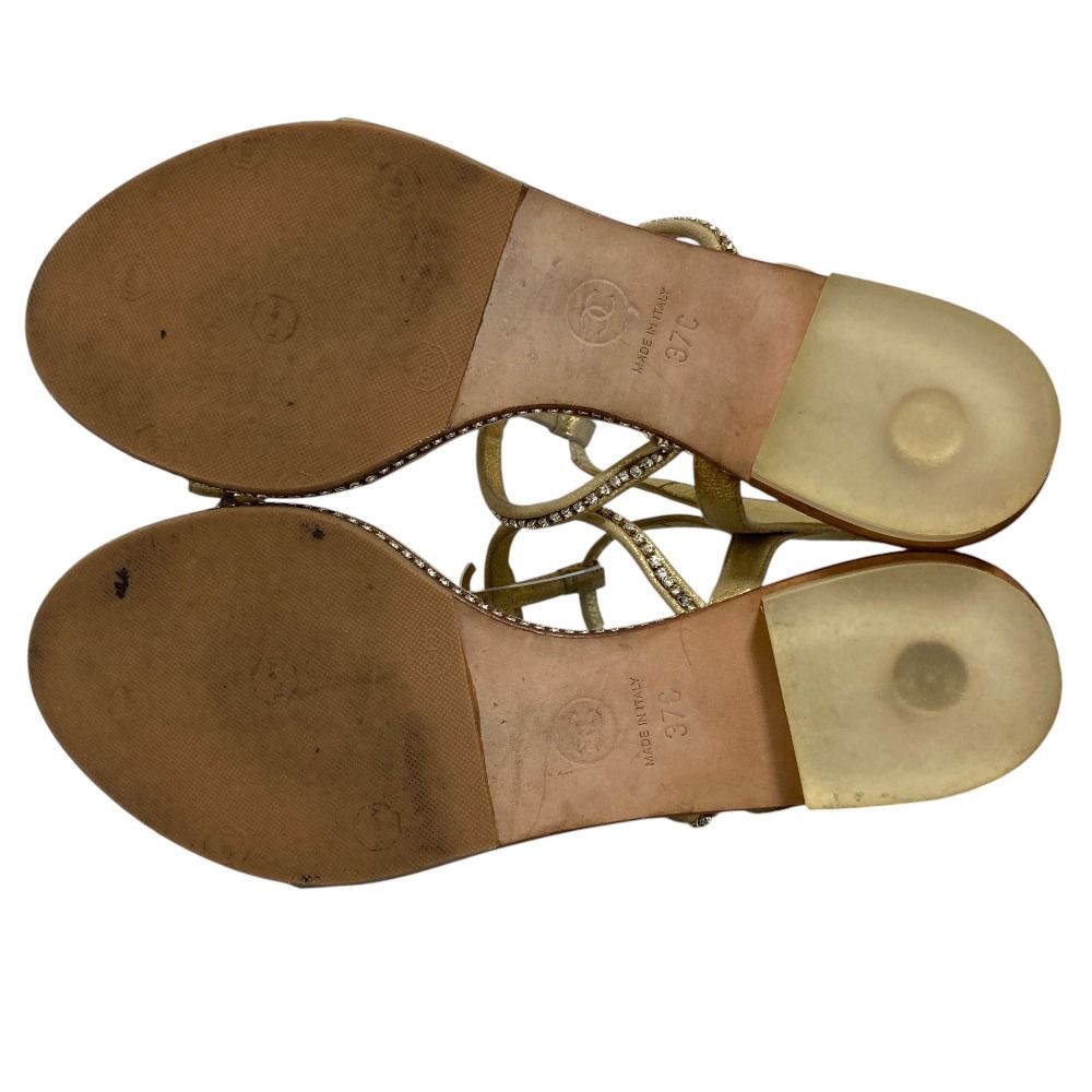 Chanel CC Logo Rhinestone Ankle Strap Flat Sandals 37C Gold — view 6