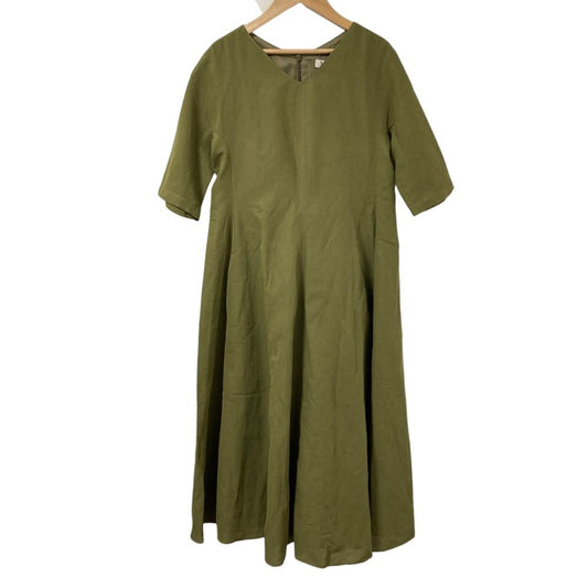 Max Mara S Cotton Linen Neck Flare Dress Khaki 38