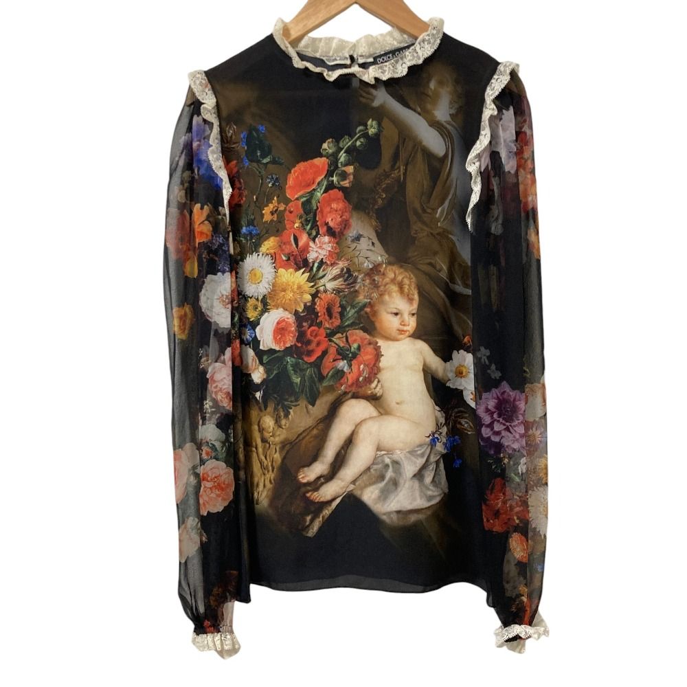 Dolce & Gabbana Flower Angel Print Sheer Sleeve Blouse Black 36