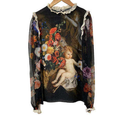 Dolce & Gabbana Flower Angel Print Sheer Sleeve Blouse Black 36