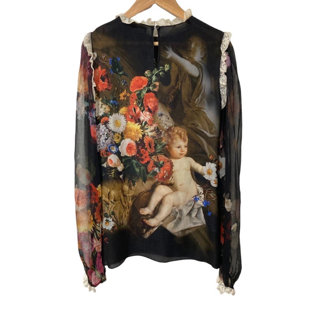Dolce & Gabbana Flower Angel Print Sheer Sleeve Blouse Black 36 — view 2