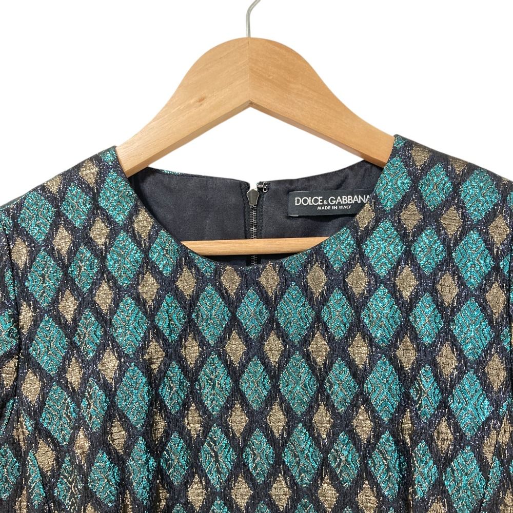 Dolce & Gabbana Lame Jacquard Bijou Decoration Silk Dress Blue — view 3