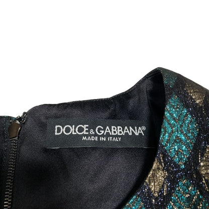 Dolce & Gabbana Lame Jacquard Bijou Decoration Silk Dress Blue — view 8