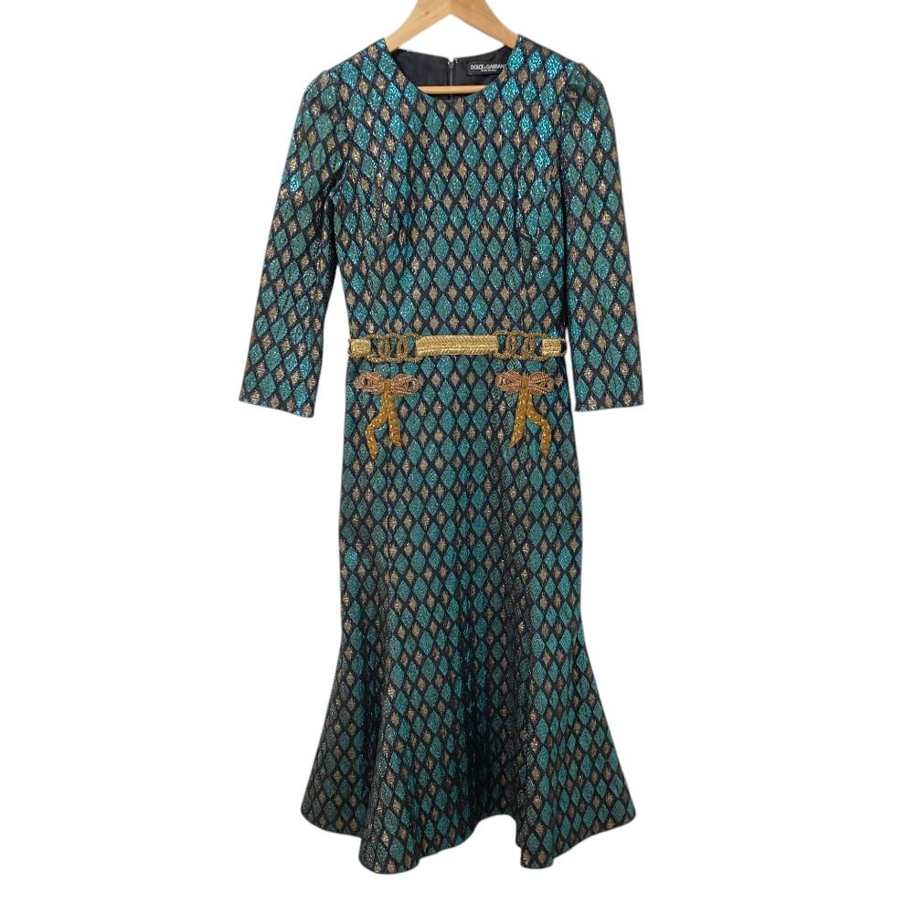 Dolce & Gabbana Lame Jacquard Bijou Decoration Silk Dress Blue