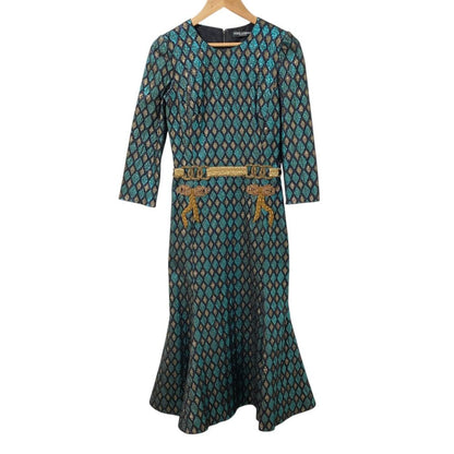 Dolce & Gabbana Lame Jacquard Bijou Decoration Silk Dress Blue