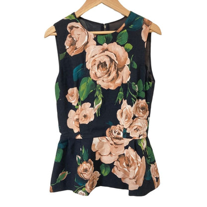Dolce & Gabbana Rose Print Silk Sleeveless Blouse Black Pink 38