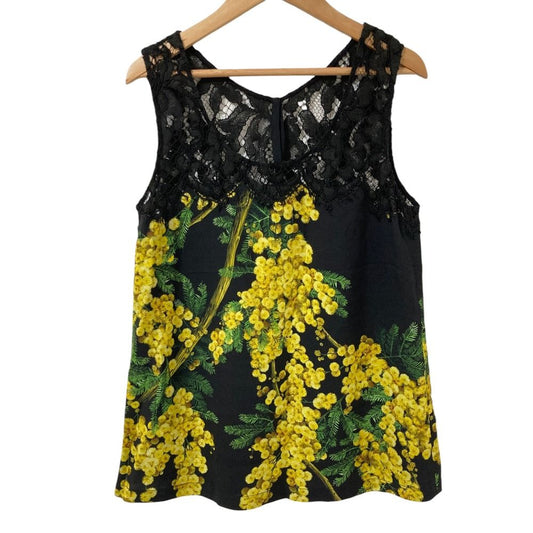 Dolce & Gabbana Mimosa Print Sleeveless Lace Blouse Black Yellow 38