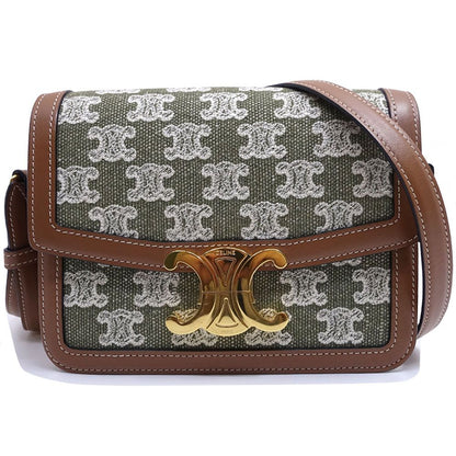 Celine Teen Triomphe Shoulder Bag Canvas Leather Green Brown Gold