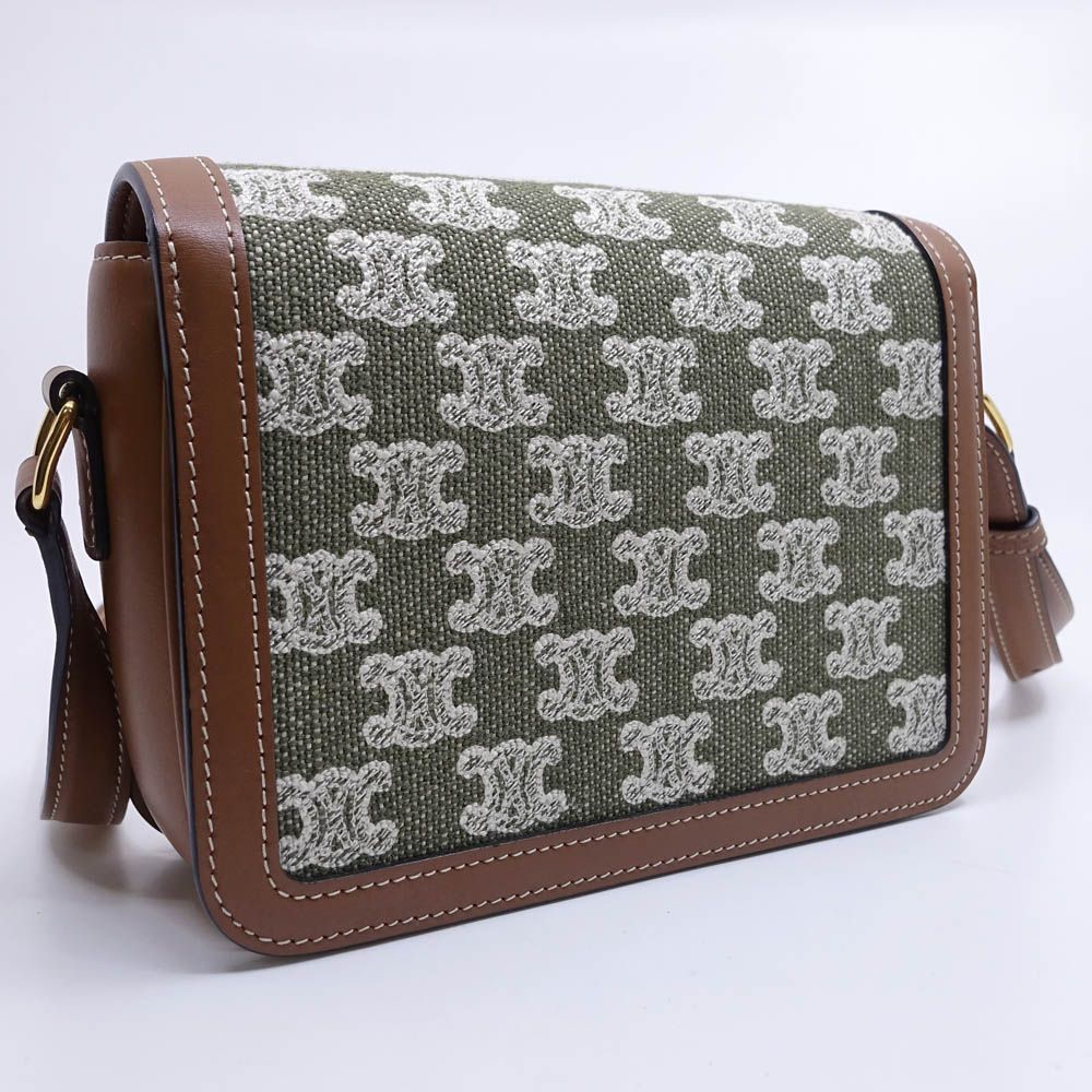Celine Teen Triomphe Shoulder Bag Canvas Leather Green Brown Gold — view 2