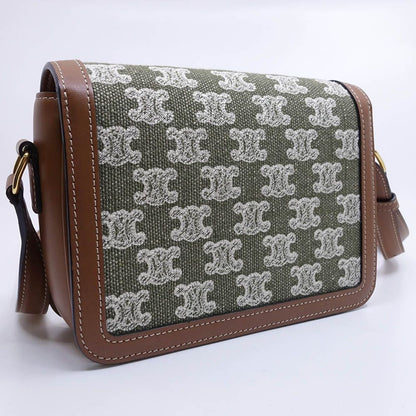 Celine Teen Triomphe Shoulder Bag Canvas Leather Green Brown Gold — view 2