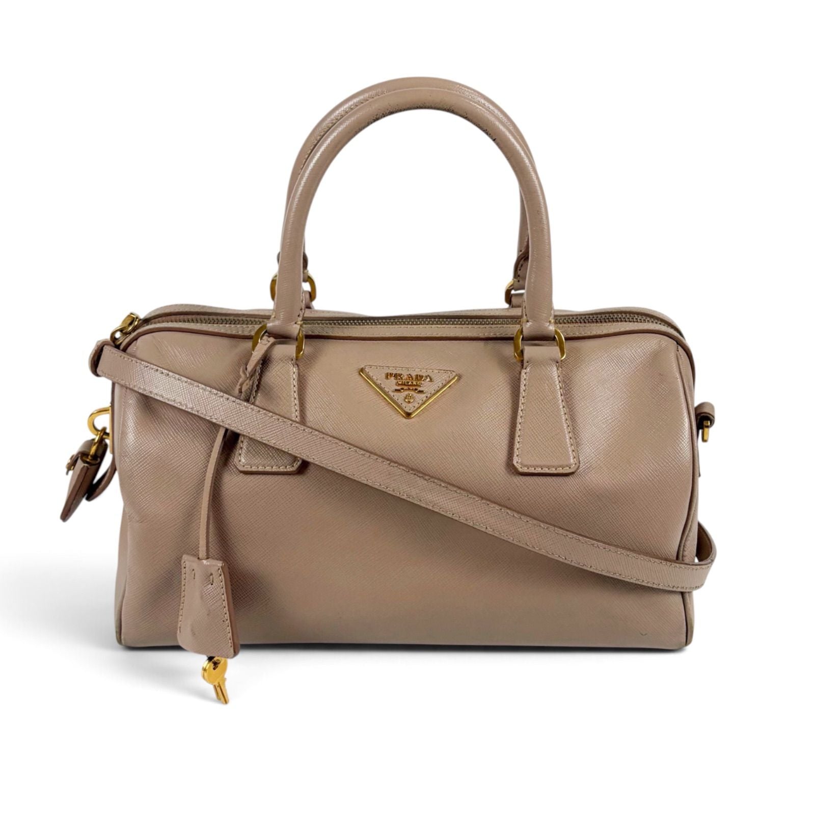 Prada Triangle Logo 2-Way Top Handle Trial Patch Top Satchel Saffiano Leather