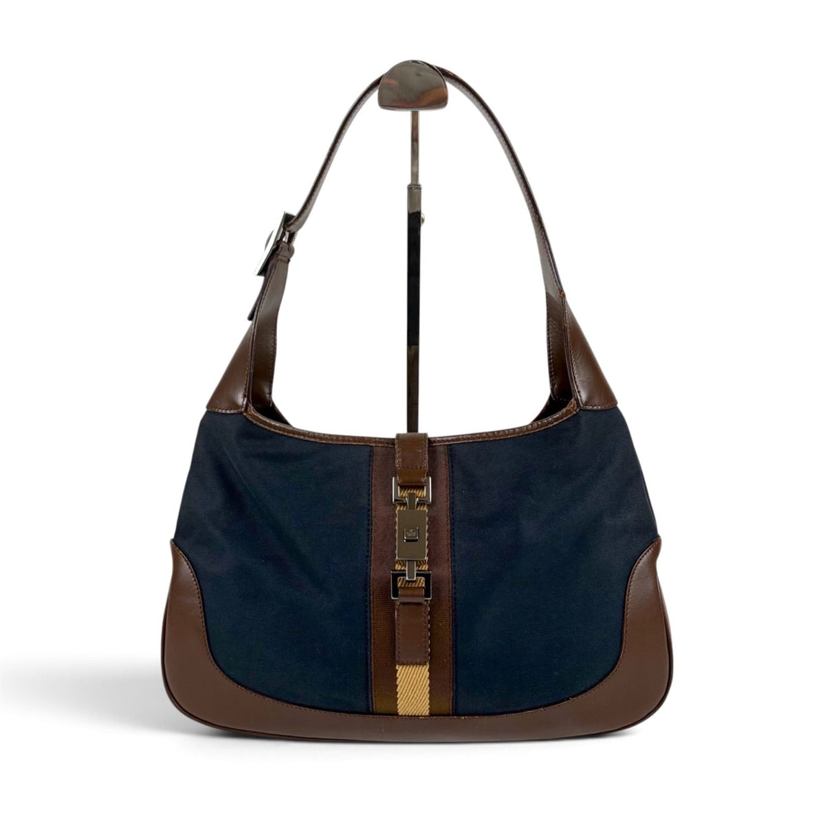 Gucci Jackie Canvas Hobo Line Shoulder Bag Sherry Brown Navy