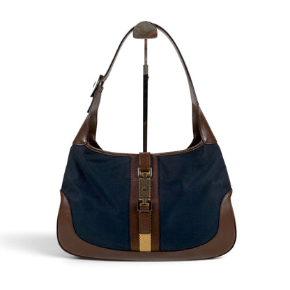 Gucci Jackie Canvas Hobo Line Shoulder Bag Sherry Brown Navy