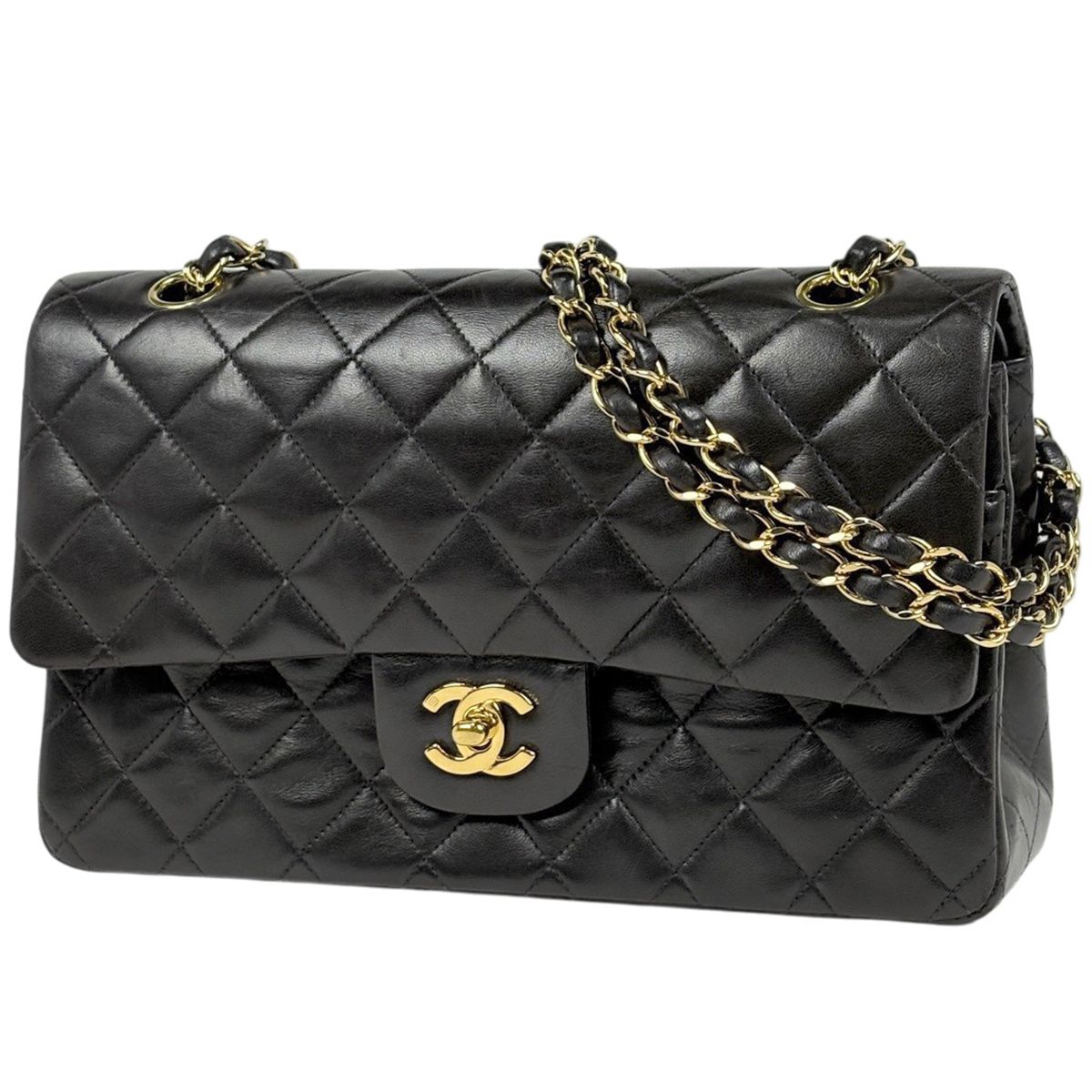 Chanel Quilted Double Flap Chain Shoulder Bag CC Logo Leather Black