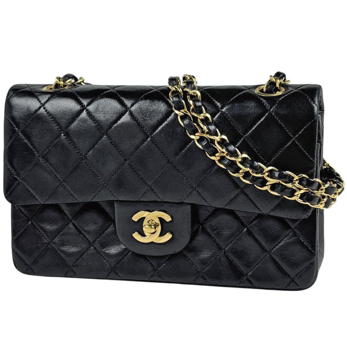 Chanel Quilted Double Flap Chain Shoulder Bag CC Logo Leather Black