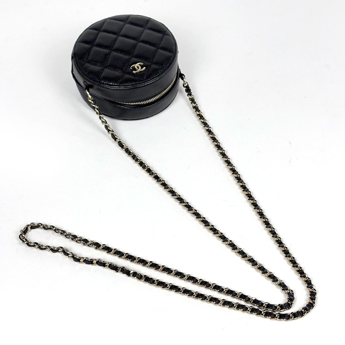 Chanel CC Logo Round Chain Shoulder Bag Quilted Classic Caviar Leather Black — view 6