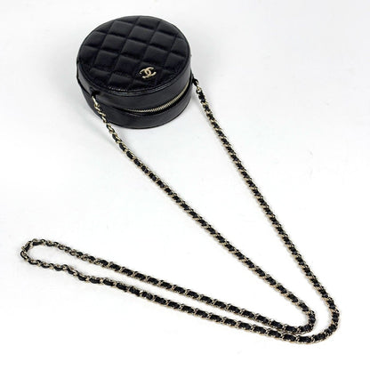 Chanel CC Logo Round Chain Shoulder Bag Quilted Classic Caviar Leather Black — view 6