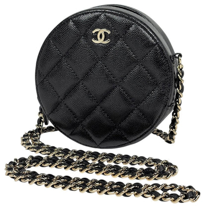 Chanel CC Logo Round Chain Shoulder Bag Quilted Classic Caviar Leather Black