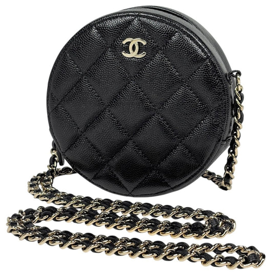 Chanel CC Logo Round Chain Shoulder Bag Quilted Classic Caviar Leather Black