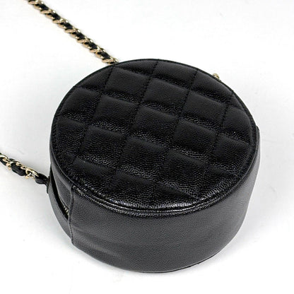 Chanel CC Logo Round Chain Shoulder Bag Quilted Classic Caviar Leather Black — view 2