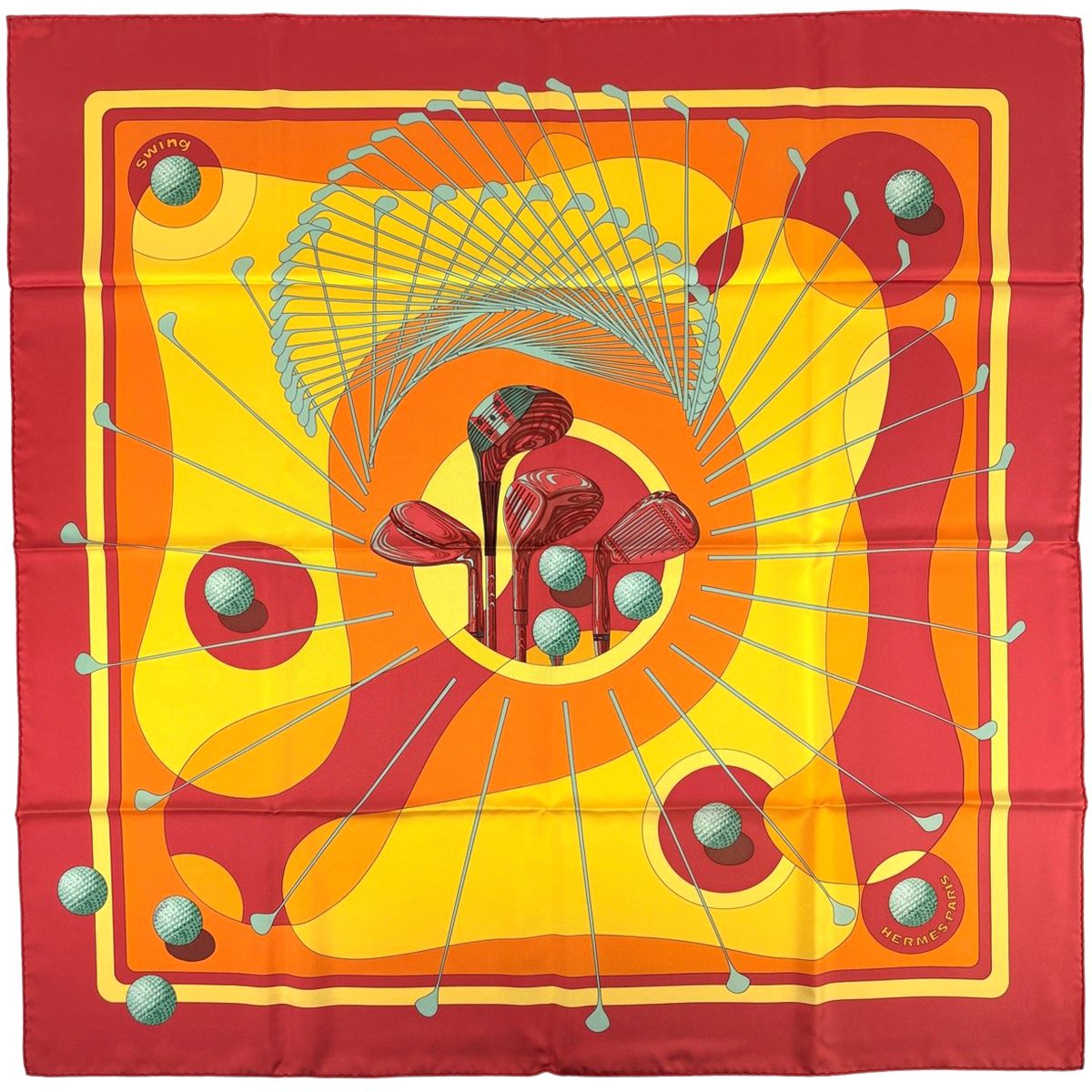 Hermes Carre 90 Swing Golf Club Scarf Silk Red Yellow Multicolor