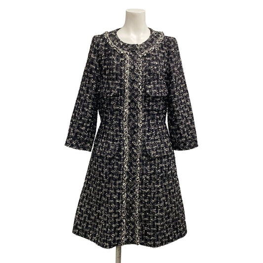 Chanel Coat M p Black White Tweed 3/4 Sleeve Chain Fall Winter Wool 38