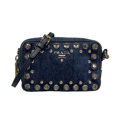 Prada Shoulder Bag Navy Bijou Studs Leather