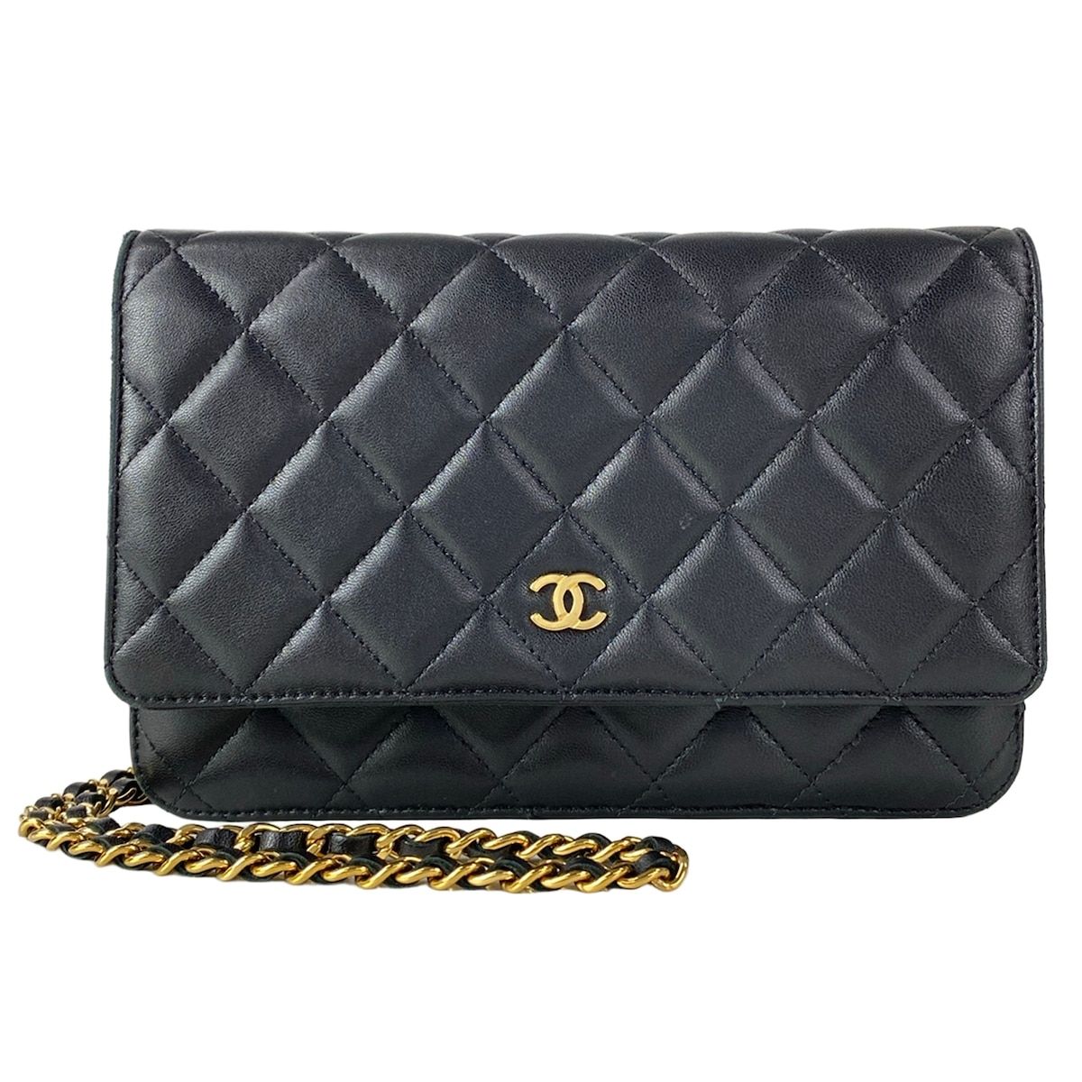 Chanel Wallet Quilted Black Chain Gold Metal Lambskin Shoulder Bag