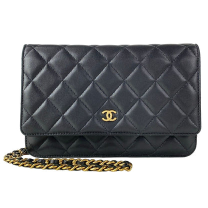 Chanel Wallet Quilted Black Chain Gold Metal Lambskin Shoulder Bag