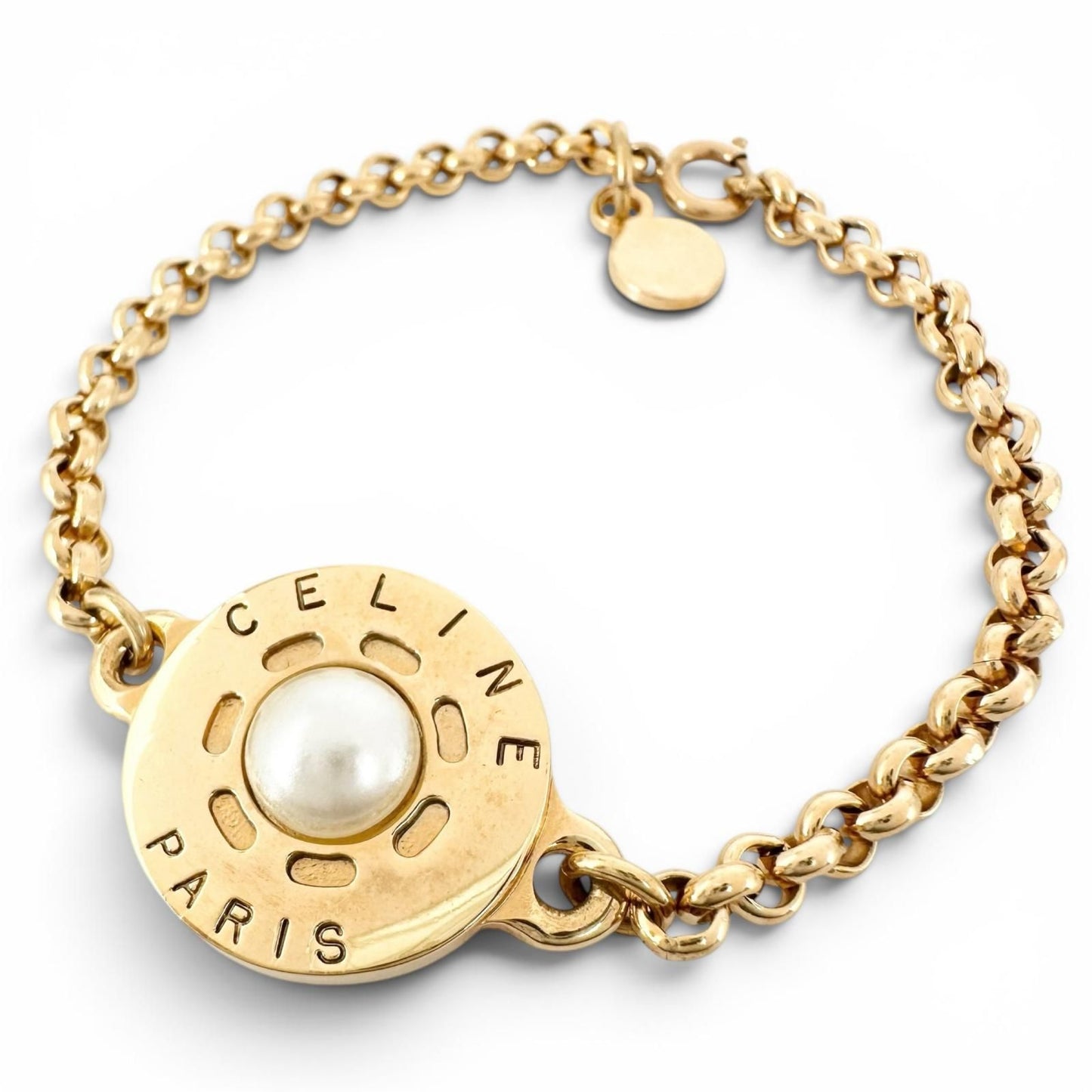 Celine Vintage Faux Pearl Plated Circle Logo Bracelet Gold