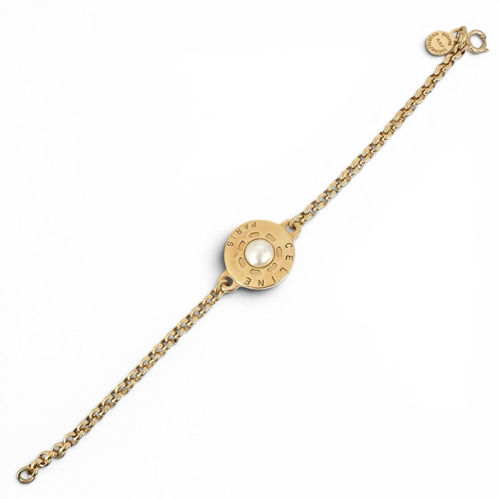 Celine Vintage Faux Pearl Plated Circle Logo Bracelet Gold — view 4