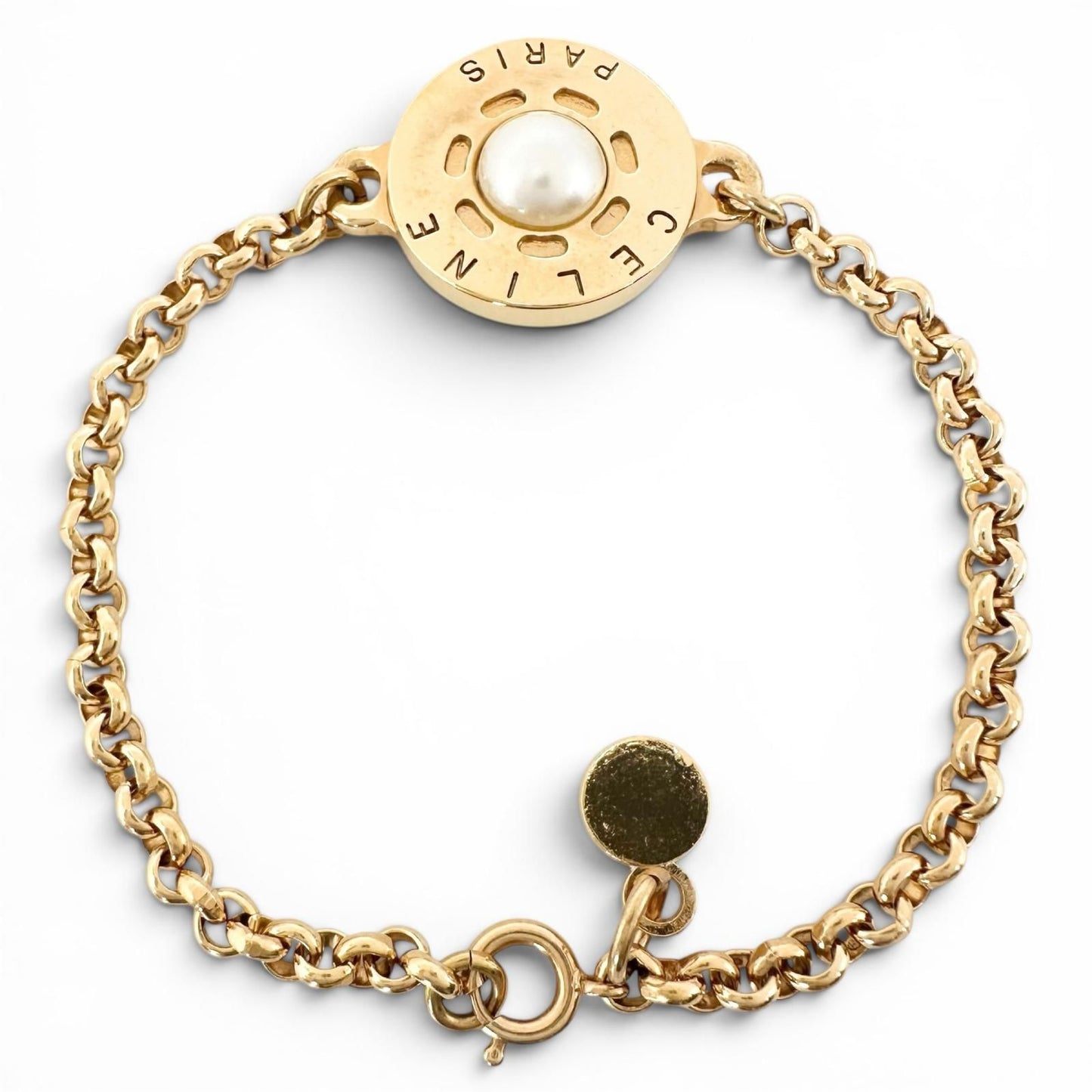 Celine Vintage Faux Pearl Plated Circle Logo Bracelet Gold — view 2
