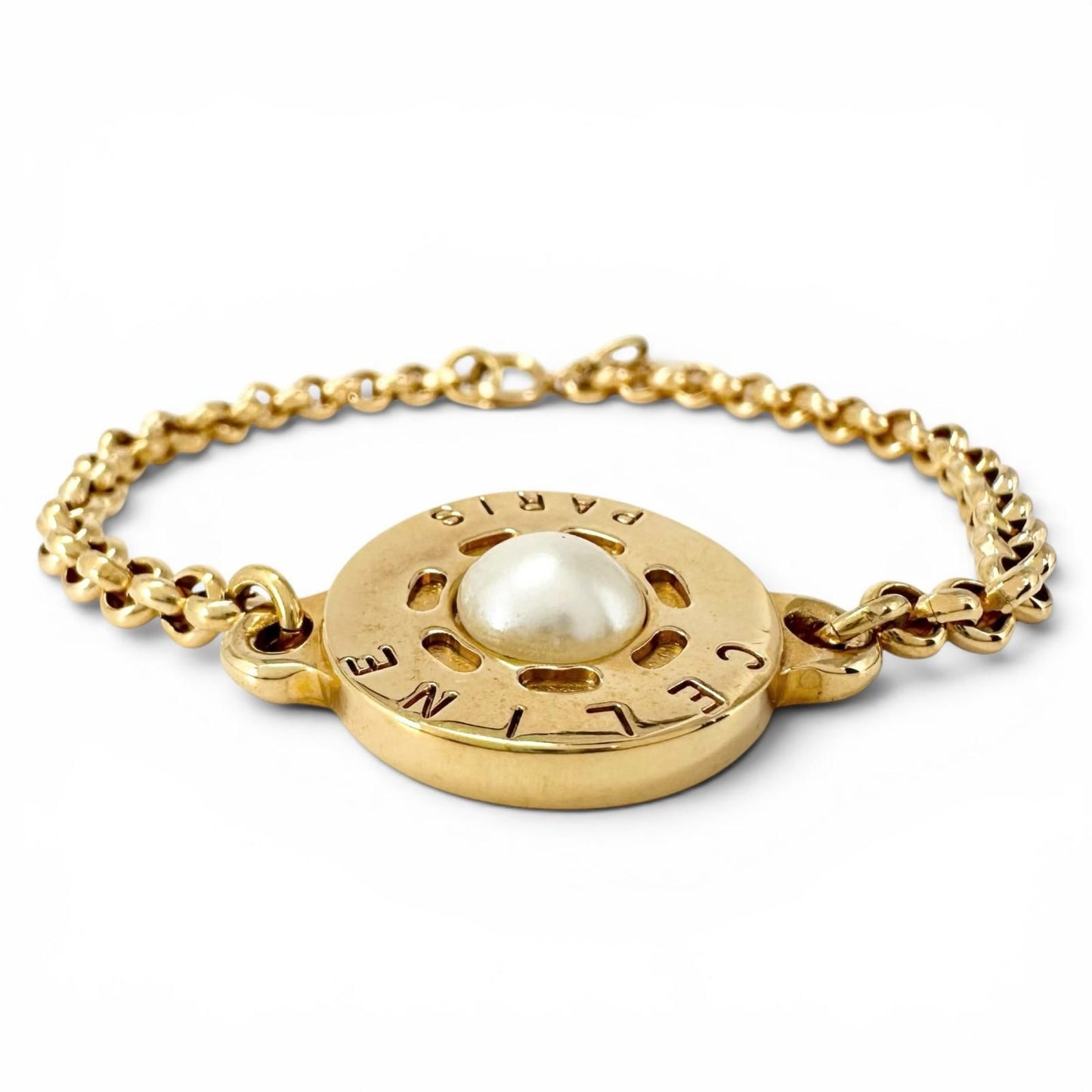Celine Vintage Faux Pearl Plated Circle Logo Bracelet Gold — view 3