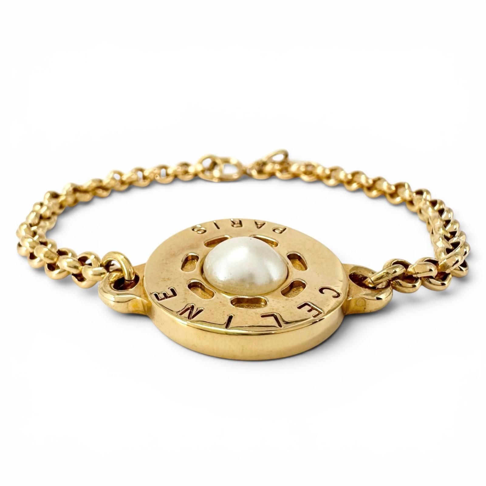 Celine Vintage Faux Pearl Plated Circle Logo Bracelet Gold — view 3