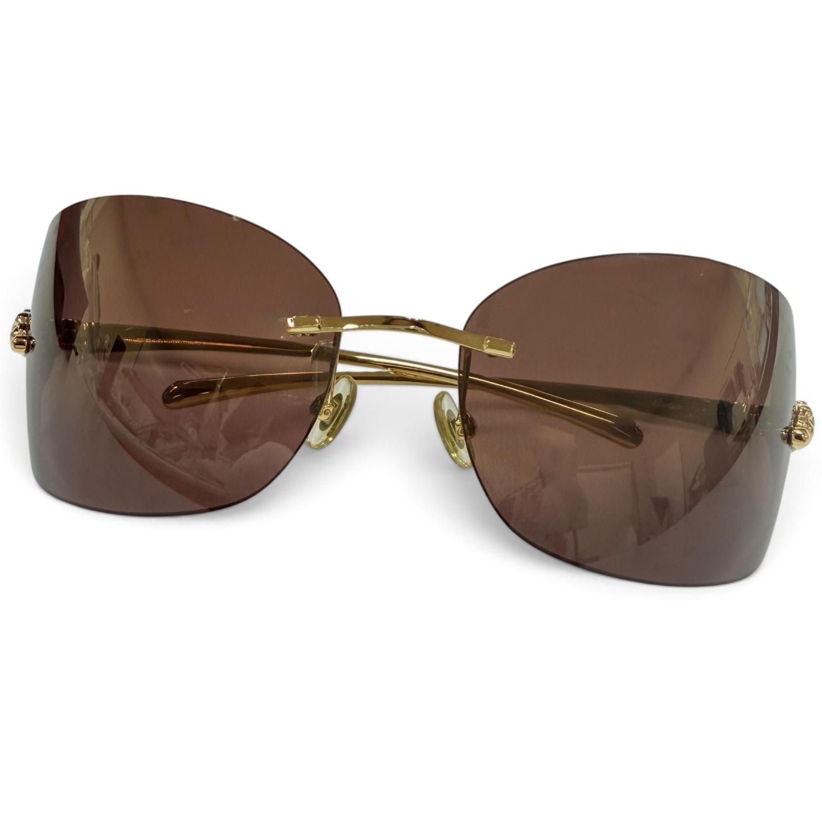 Cartier Rimless Two Point Sunglasses Gold Brown Demo Lens Eyewear