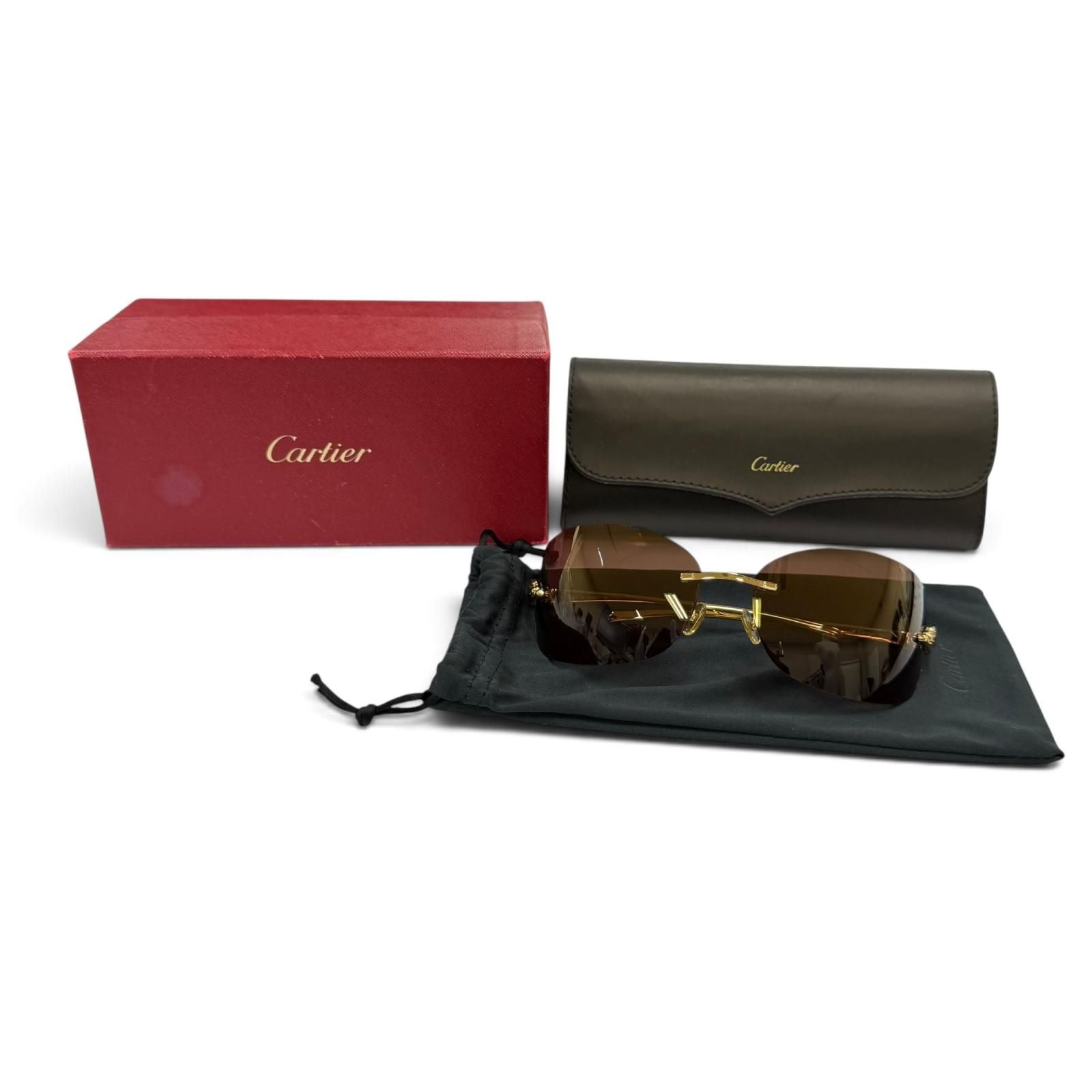 Cartier Rimless Two Point Sunglasses Gold Brown Demo Lens Eyewear — view 2