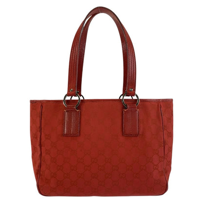 Gucci Red GG Canvas Leather Tote Bag Handle — view 2
