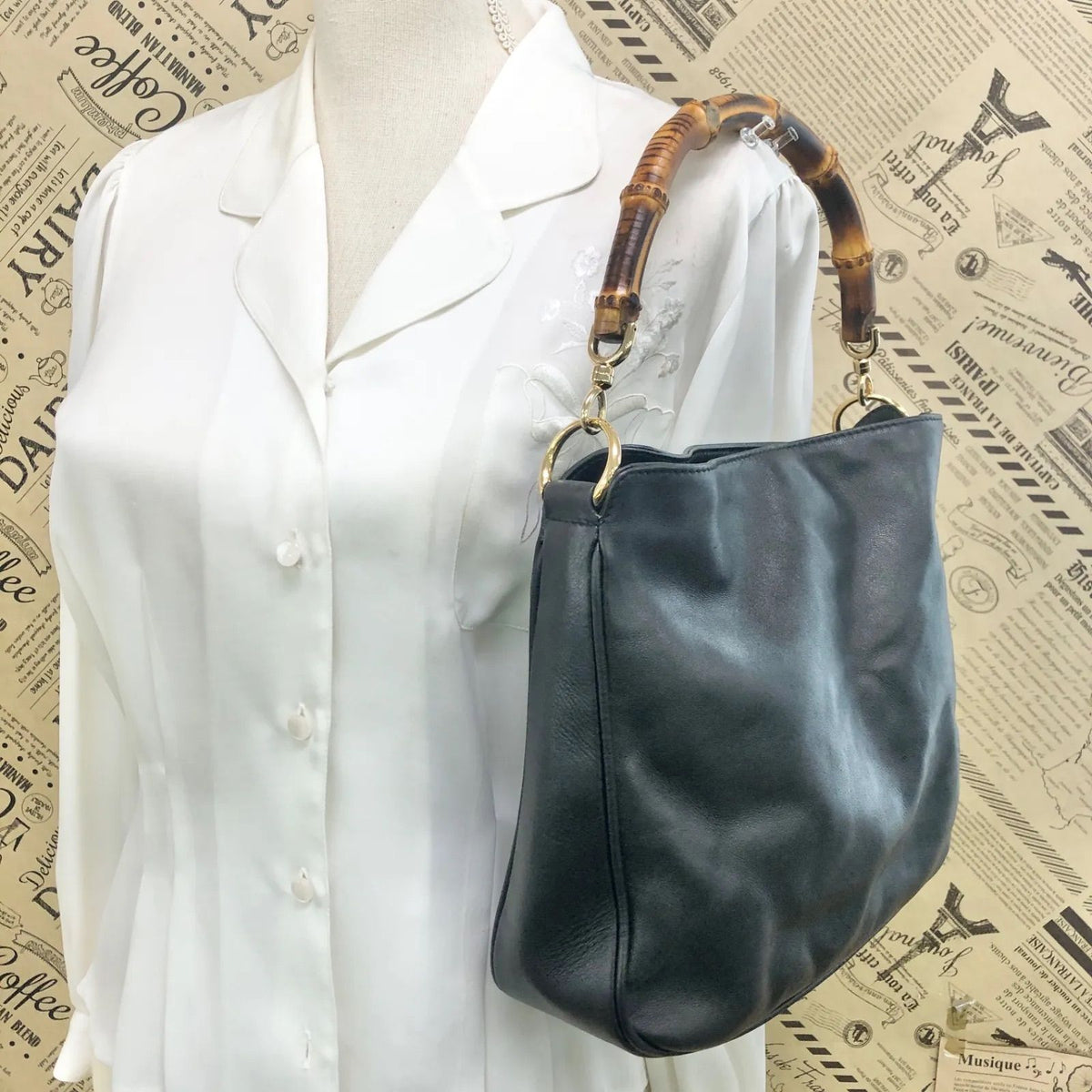 Gucci 2-Way Handle Shoulder Vintage Bamboo Leather Black Handbag — view 3